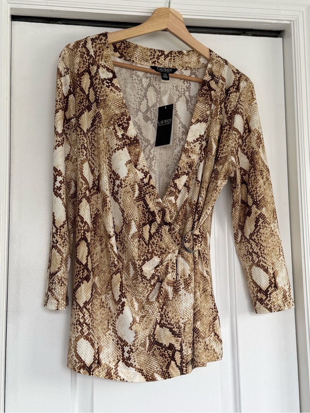 Lauren Ralph Lauren Beige Snake-Print Wrap Top